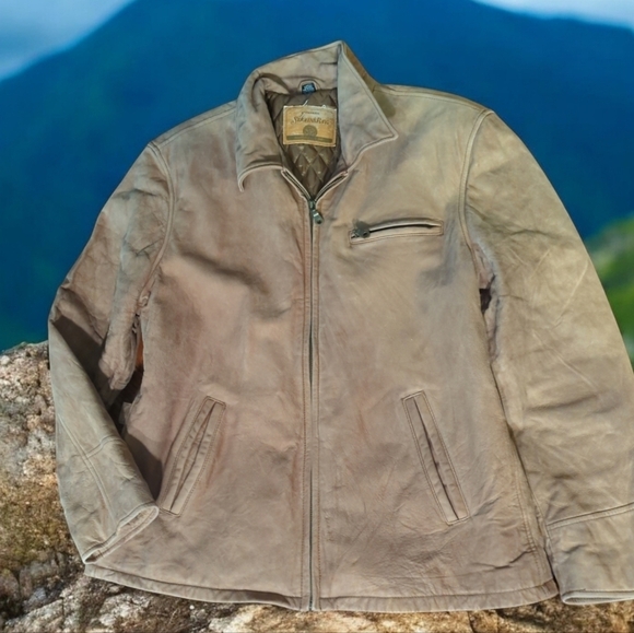 Vtg Leather Jacket Neutral Tumbled Tan Suede Zip Up Side Belt Bomber sz L - Picture 8 of 9